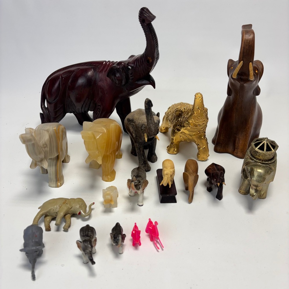Lot of 18 Elephant Figurines Multi Mixed Material Grandmas Old Collection VTG